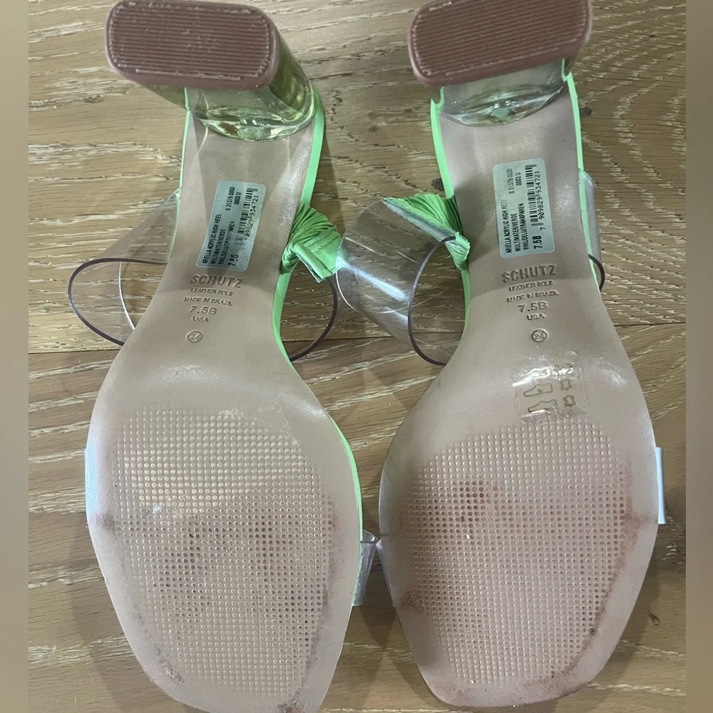 Schutz Ariella Acrylic Strap Slip On Sandals Clear Heels Nappa Cow Leather 7.5